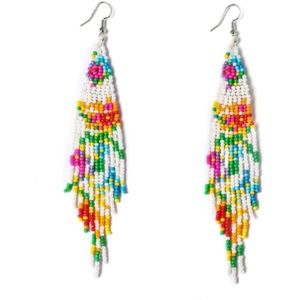 Long Beaded Tassel Earrings – Native Handmade Big Beaded Flower Bohemian